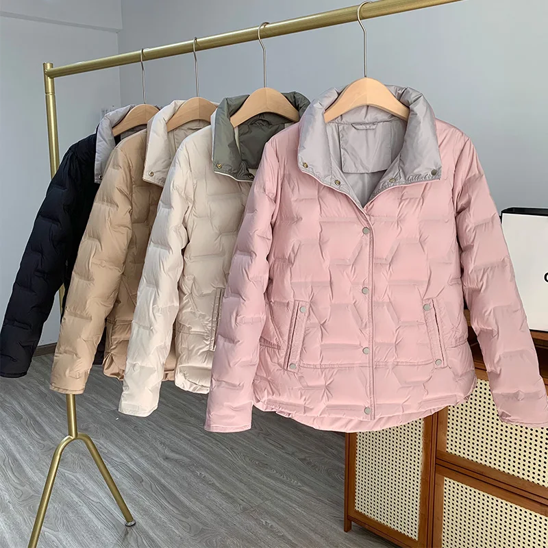 Janveny 2025 New Autumn Winter Stand Collar Lightweight Pressed Adhesive Puffer Jacket Women Warmth Loose Duck Down Short Coat