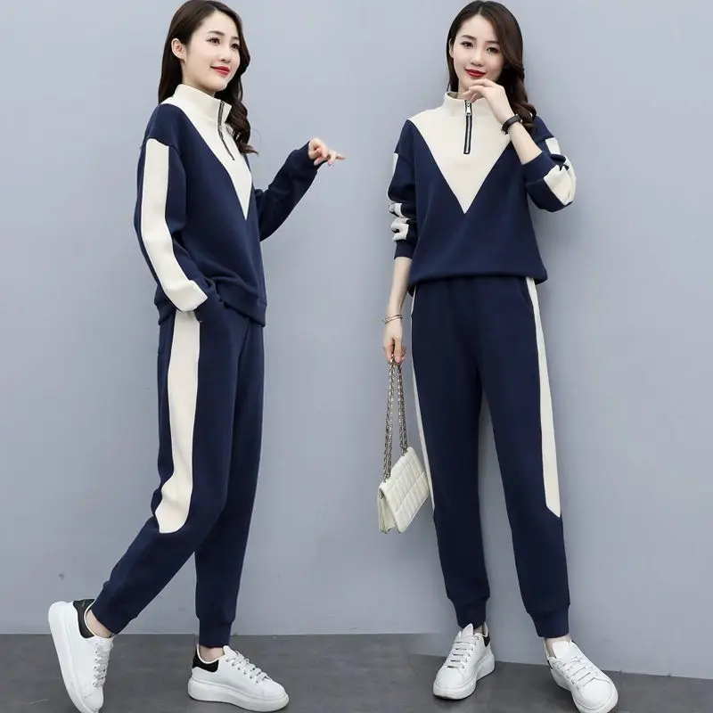 

2023 Causal Sport Women Autumn Fashion Two Pieces Set Stand Collar Zipper Patchwork Sweatershirt +Striped Pants Oversized 4XL