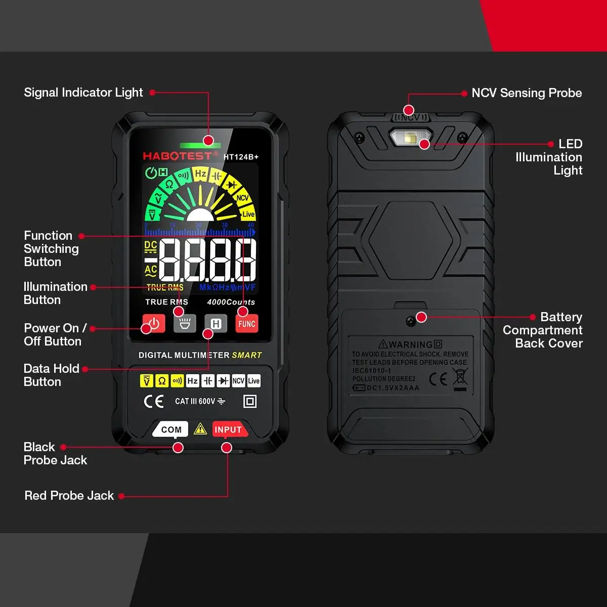 HABOTEST HT124 Series Digital Smart Multimeter 4000 Counts Auto Range Tester Ohm Hz Capacitance True RMS AC DC DMM Multitester