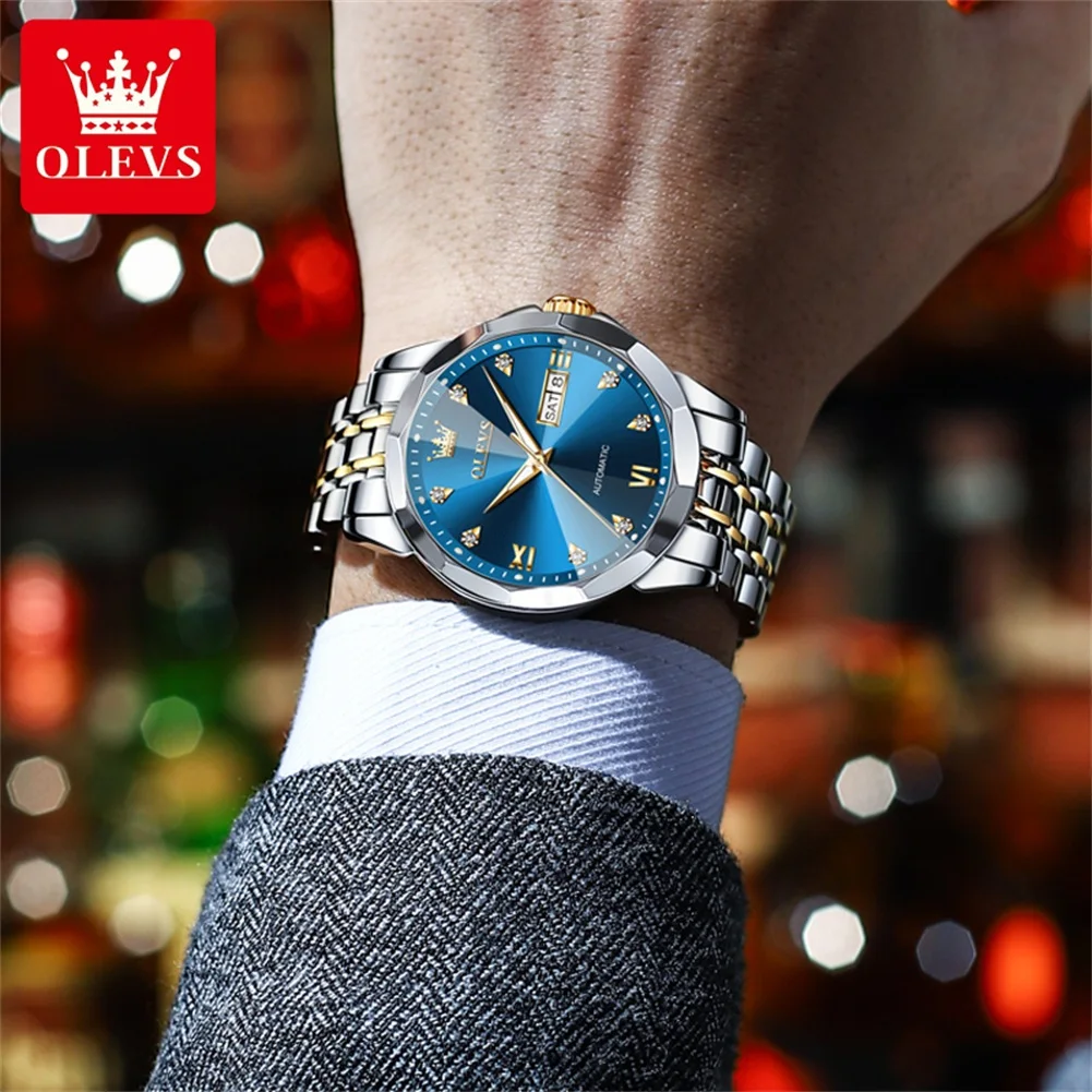 OLEVS 9982 Watch For Men Fashion Dual Calendar Mechanical Man Watch Rhombus Mirror Luxury Waterproof Luminous Dress Wristwatch