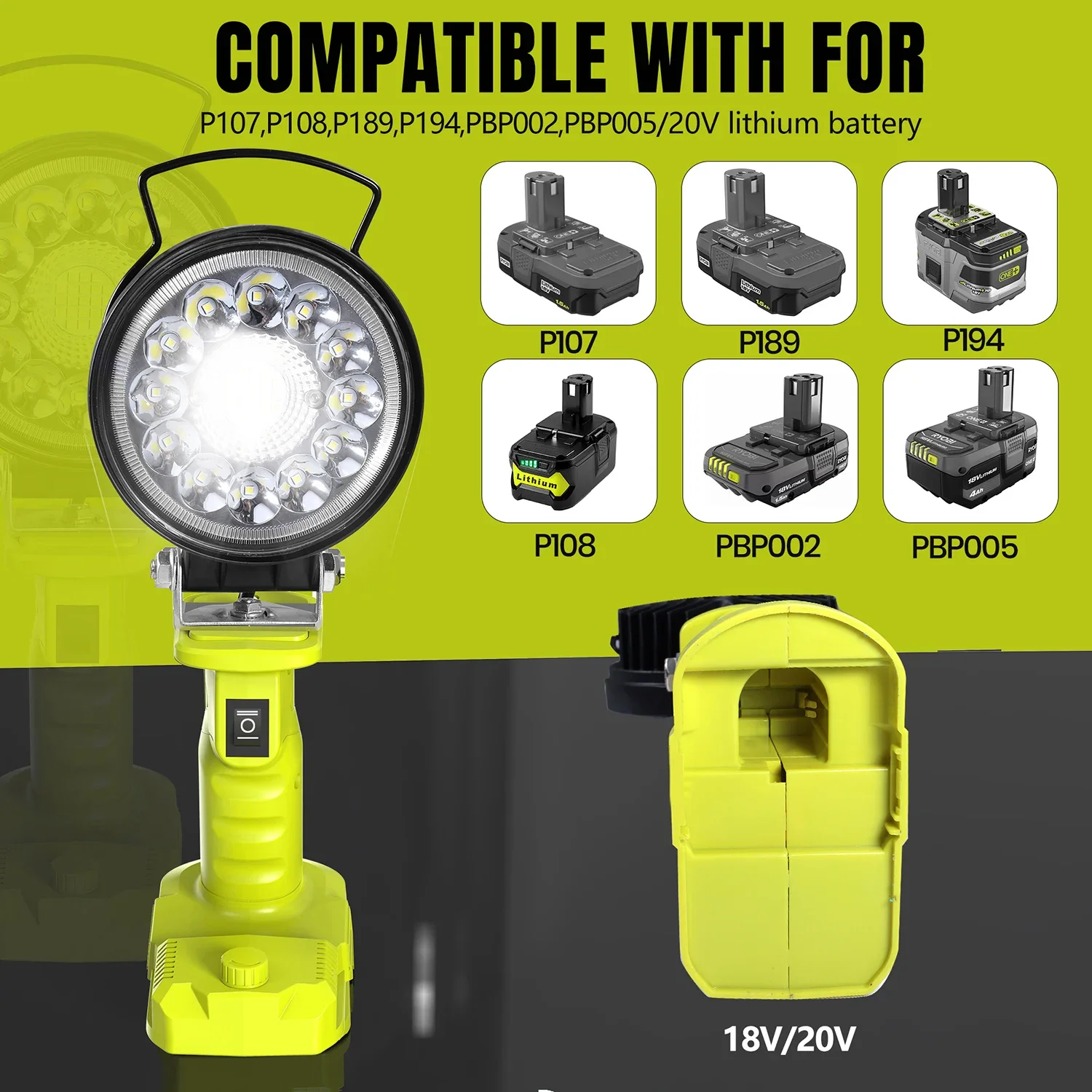 LED Alarm Work Light Flashlight Searchlight Electric Torch Spotlight Camping Lamp for Ryobi 18V Lithium Nickel One+ Battery P108