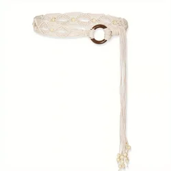 Women's Boho Woven Tassel Belt - Stylish Waistband Accessory (Beige)