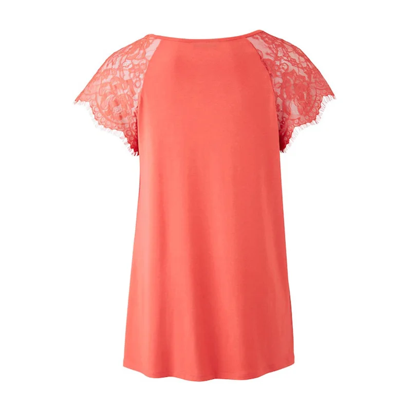 Spring Summer Womens Clothing Round Neck Solid Color Classic Pullover Top Patchwork Lace Short Sleeve Plus Size Casual T-Shirt