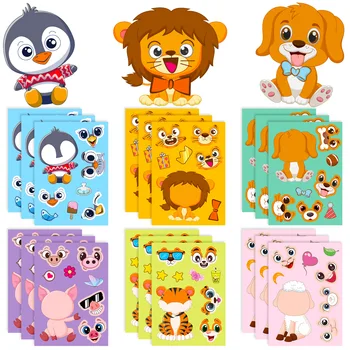 6Sheets Cute Children DIY Puzzle Sticker Games 6 Animals Make A Face Funny Assemble Jigsaw Stickers Kids Educational Toys 1