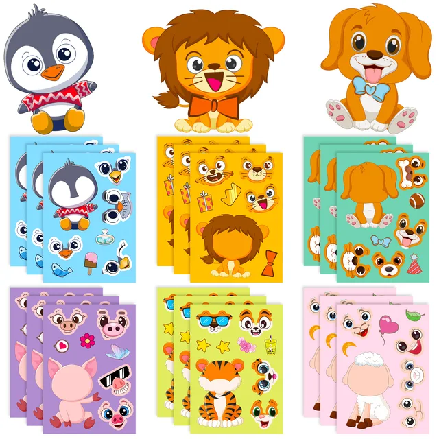 6Sheets Cute Children DIY Puzzle Sticker Games 6 Animals Make A Face Funny Assemble Jigsaw Stickers Kids Educational Toys 1
