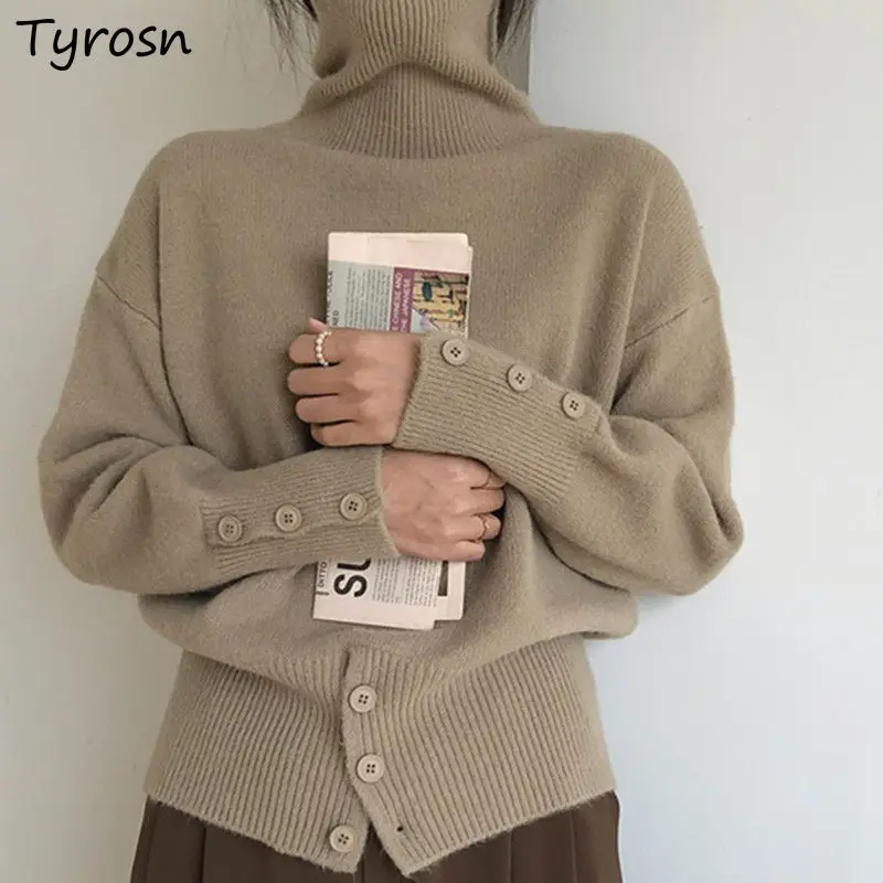 

Turtleneck Autumn Pullovers Women Vintage Cozy Ulzzang Sweater All-match Casual Buttons Students Streetwear Long Sleeve Temper