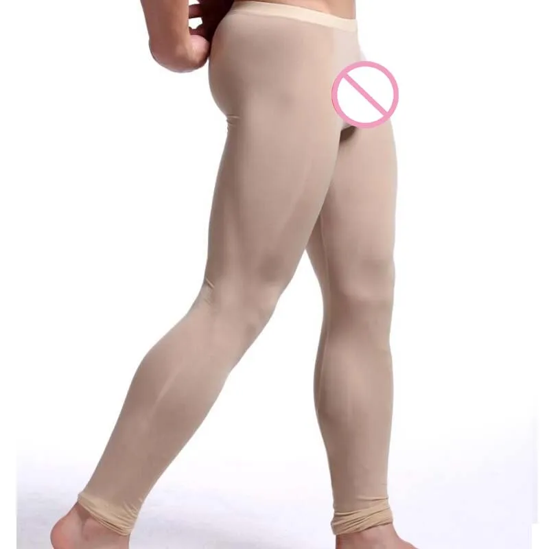 New Men's Sexy Nylon Transparent Long Johns Homme Lce Silk Sheer Leggings Bottoms Gay Spandex Lounge Tights Underwear Homewear 2