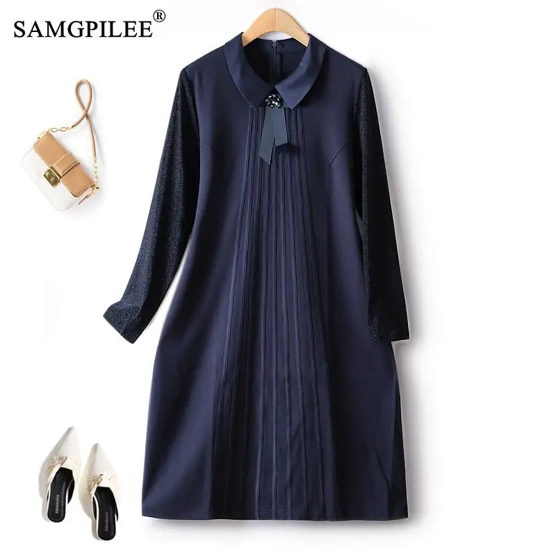 

Элегантные и красивые женские платья с круглым воротником, эластичное драпированное платье с длинным рукавом, осенне-зимнее женское платье из двух частей