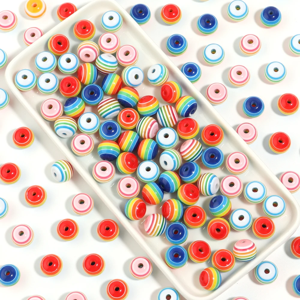 Lot De 100 Perles Rondes En Plastique à Rayures Arc-en-ciel De 10 Mm Pour La Fabrication De Bijoux, Bracelets, Colliers Avec Boîte