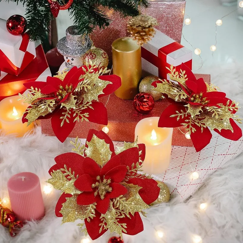 4 Stelle Di Natale Artificiali Glitterate Oro - Decorazioni Con Stelo Per Albero, Centrotavola E Feste, Diametro 33 Cm - 2