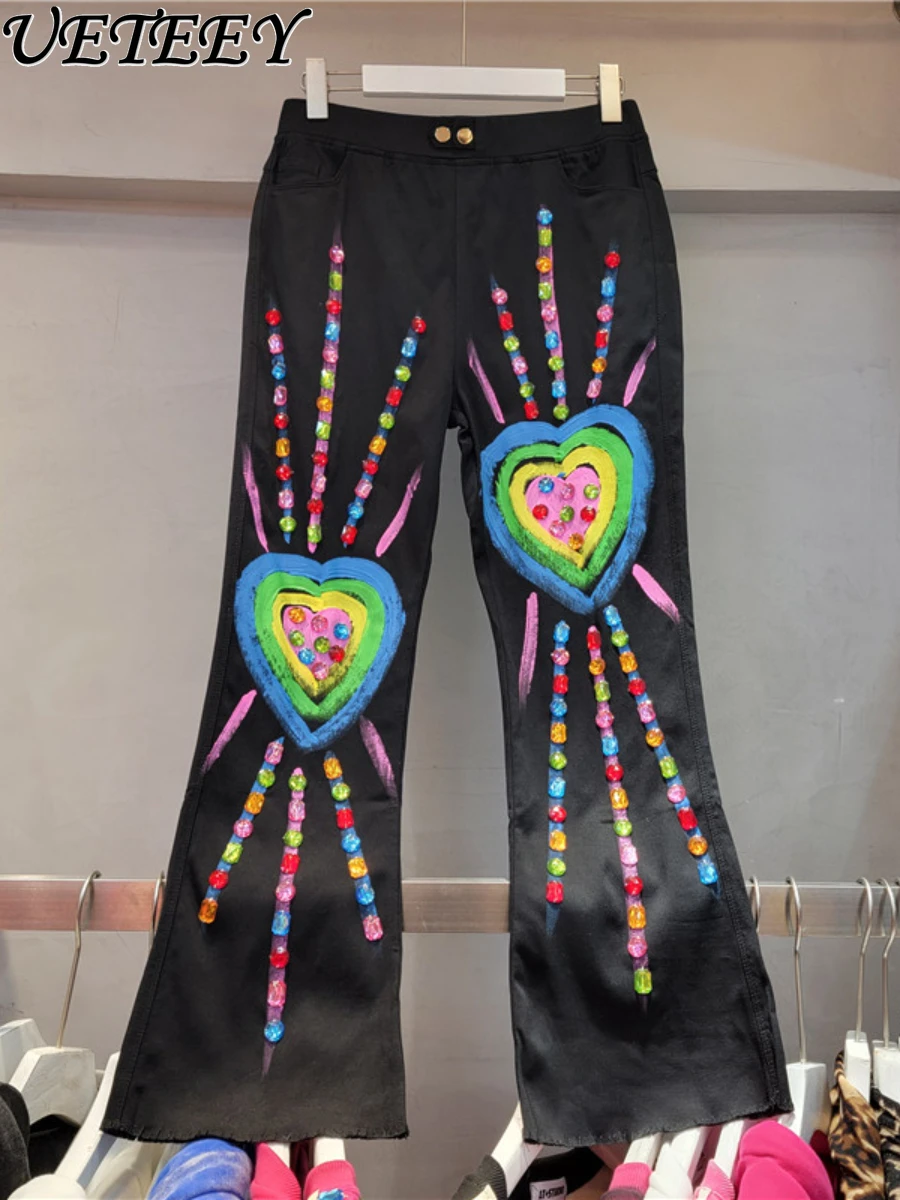 

Graffiti Beaded Color Loving Heart Tassel Bootcut Trousers 2023 Autumn High Waist Slim Black Bell-Bottom Pants Y2k Pantalones