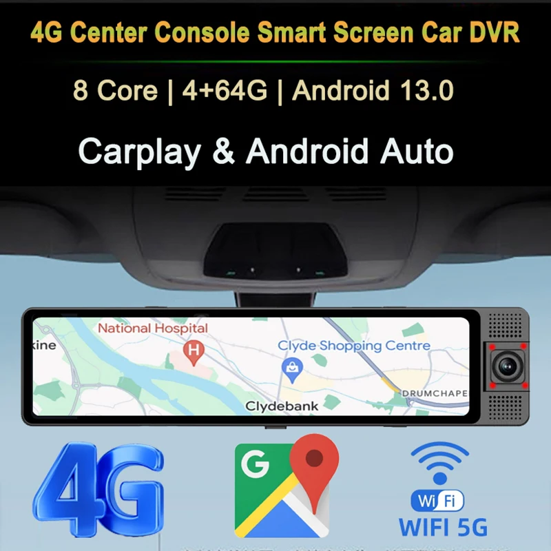 3 Channal 12" Car Rearview Mirror Dash Cam 4G Android 13 GPS Navigation Bluetooth WiFi Video Camera Recorder Remote Monitor DVR 5