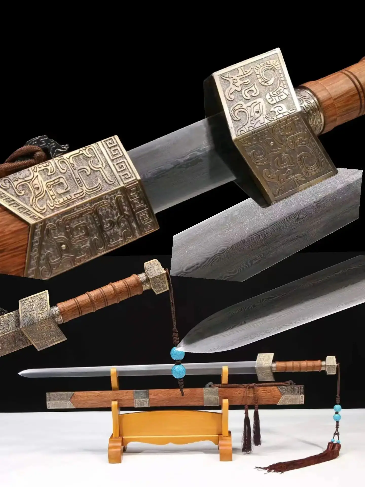 

Han Dynasty Style Triangle Battle Sword , Handmade Multi Refined Tempered Patterned Steel Blade, Unsharpened