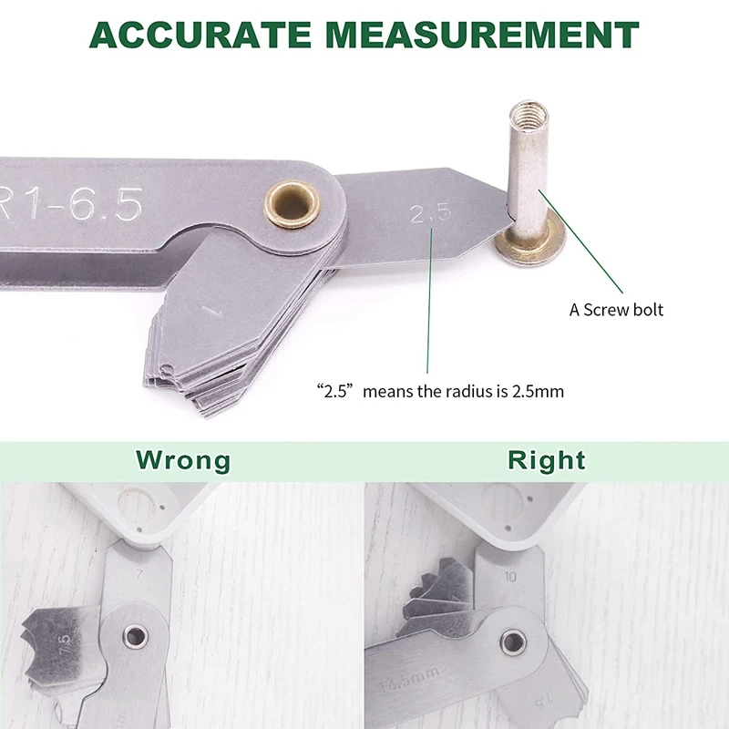 

6 шт. измеритель радиуса из нержавеющей стали с щупом, набор измерительных приборов радиуса дуги и 0,04-0,88 мм, инструмент для измерения пространства