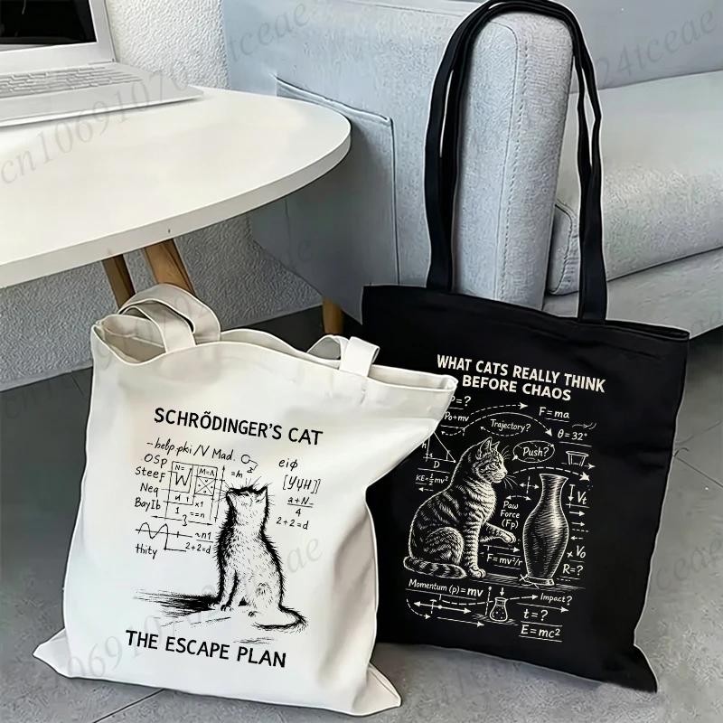 Funny Cat Physics Printed Canvas Tote Bag Math Cat Science Humor Reusable Tote Handbag Casual Shopping Shoulder Bags 1