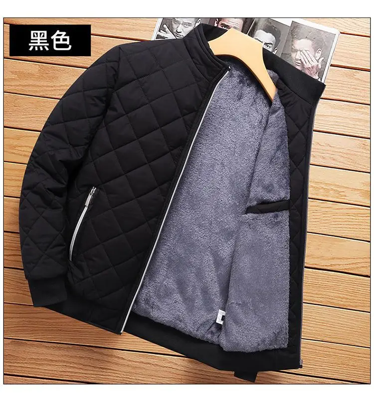 2024 New Slim Fit Coat Autumn Winter Bomber Jacket Men Diamond Pattern Fleece Lined Casual Jacket Men Fashion Clothing