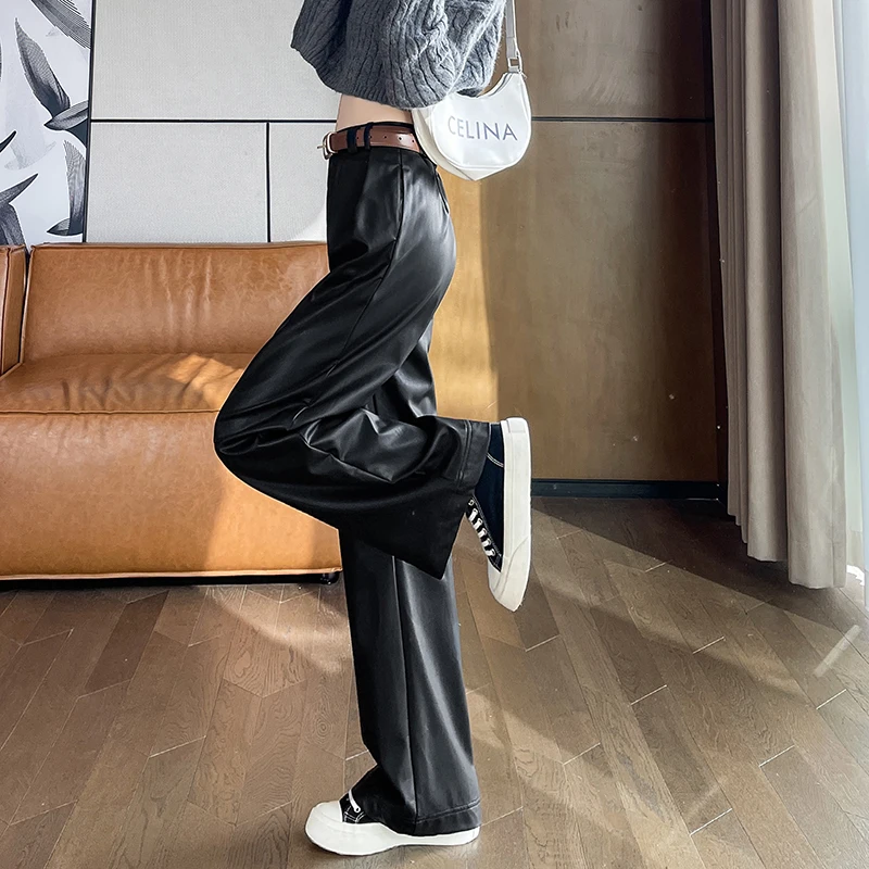 QOERLIN Women PU Leather Pants with Belt 2024 Fall Winter Velvet Wide Leg High Waist Trousers Loose Casual Elegant Pants Fashion