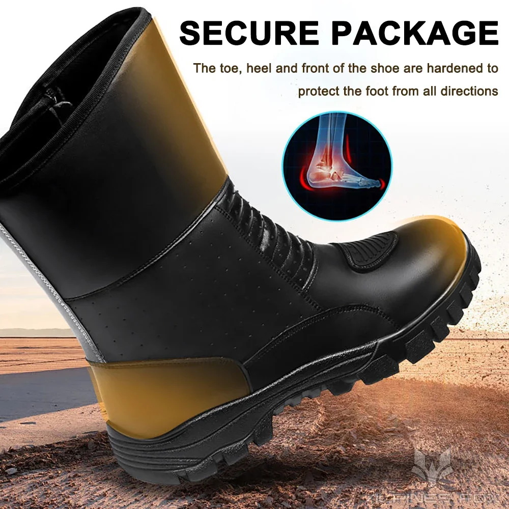 Leather Motorcycle Boots Men Classic Motocross Shoes Reinforced Heel Toe Waterproof Vintage Motorbike Touring Boot