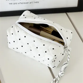 Borsa per il Trucco Trapuntata a Pois alla Moda, Pochette Cosmetica Ultraleggera Portatile, Grande Capacità, Piccola Borsa Portamonete