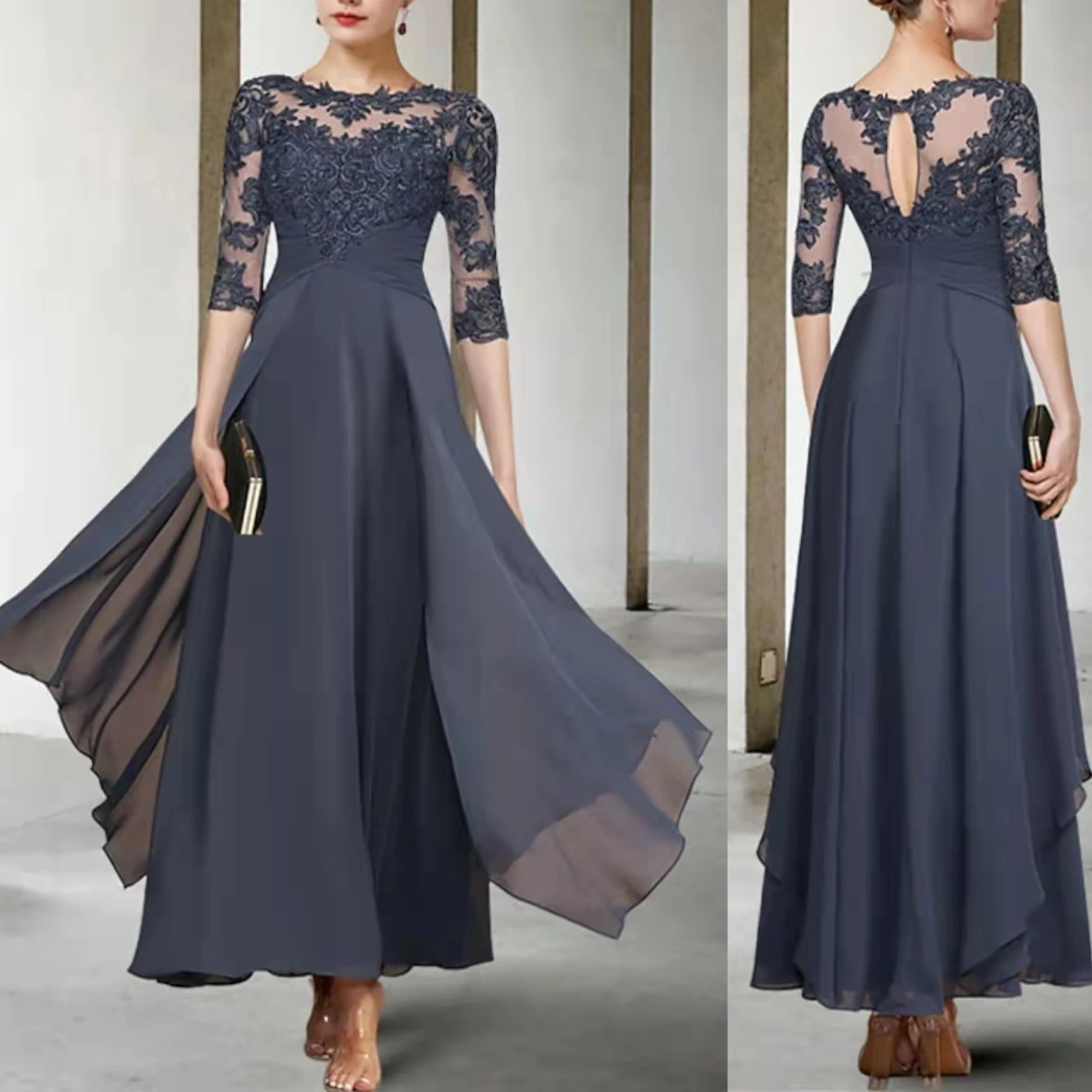 

Elegant Short Lace 3/4 Sleeve Mother of Bride Dresses A-Line Chiffon Mothergod Dress Wedding Guest Dresses