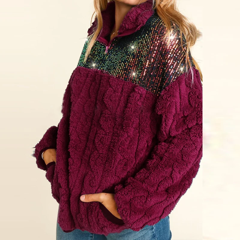 Ladies Pocket Splicing Sweatshirt Coat