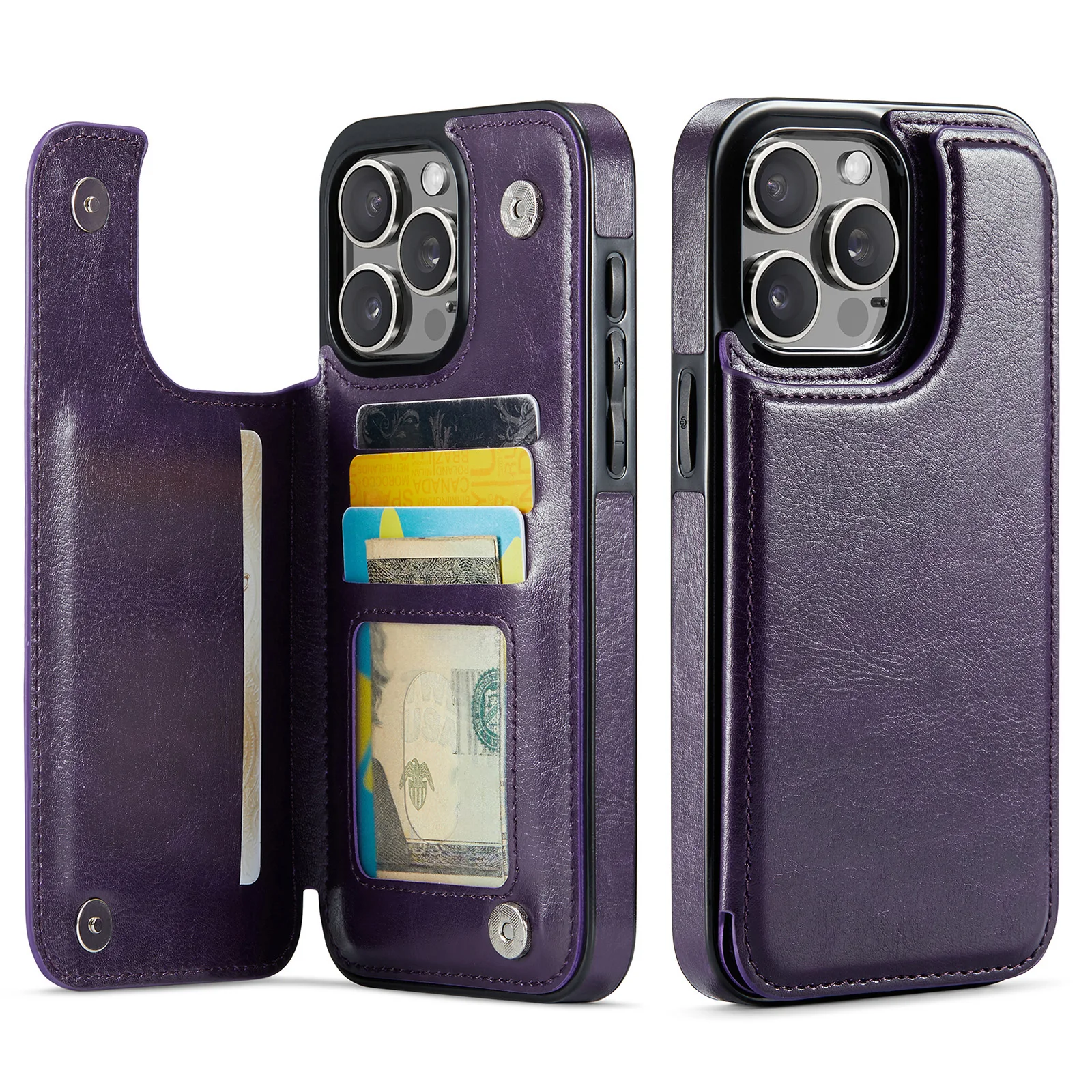 Premium PU Leather Wallet Case with Card Holder & Kickstand, Double Magnetic Clasp