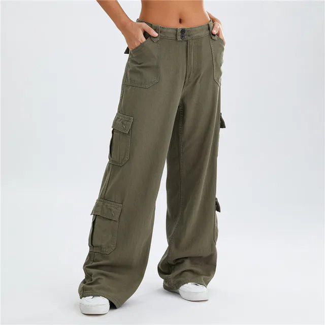 Pantalones Cargo Mezclilla Cintura Alta Bolsillo Lateral - Temu Chile