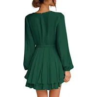Ladies’ High Waist Irregular Skirt Hem Sexy Solid Color Commute Long Sleeve Deep V-neck Casual Elegant Fashion Mini Dress - Image 3