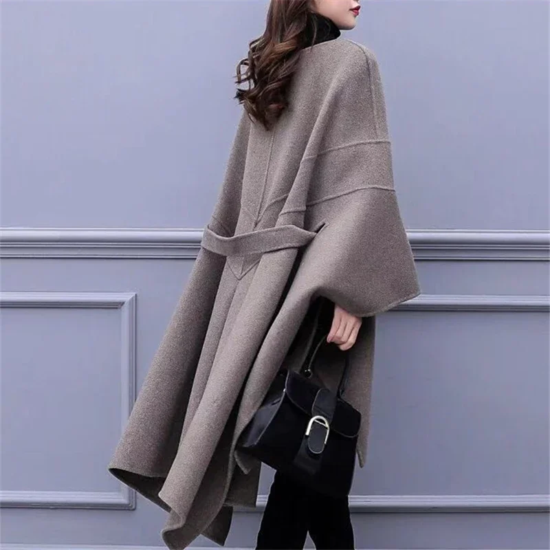 Women Wool Cloak Woolen Coat Autumn Winter New Fashion Woolen Coat Women's Korean 2024 Loose Long High Quality Overcoat Black