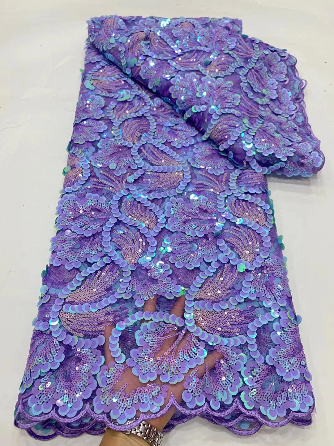 

LDPN294 Purple color African net lace fabric with sequins,popular design embroidered French tulle lace for party/wedding dress