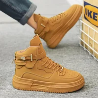 Men's High Top Shoes Autumn Winter Casual Leather Sneakers Comfortable Breathable Fashionable Bead Element Adult Footwear