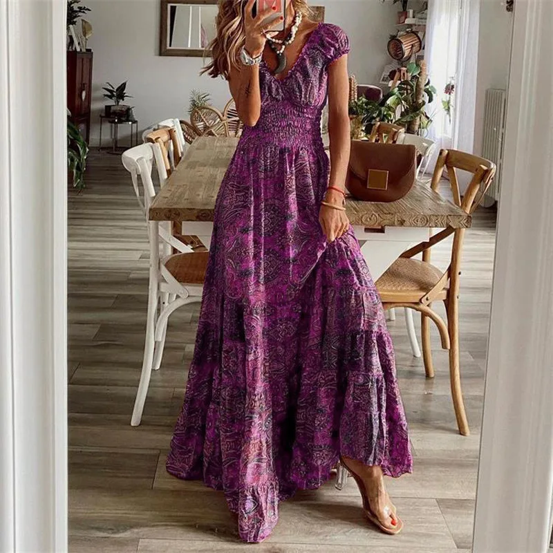 Bohemian Print Long Dresses Women V-neck Elastic Waist Short Sleeves Casual Vacation Style Dress Female Trendy Vintage Vestidos 17 undefined