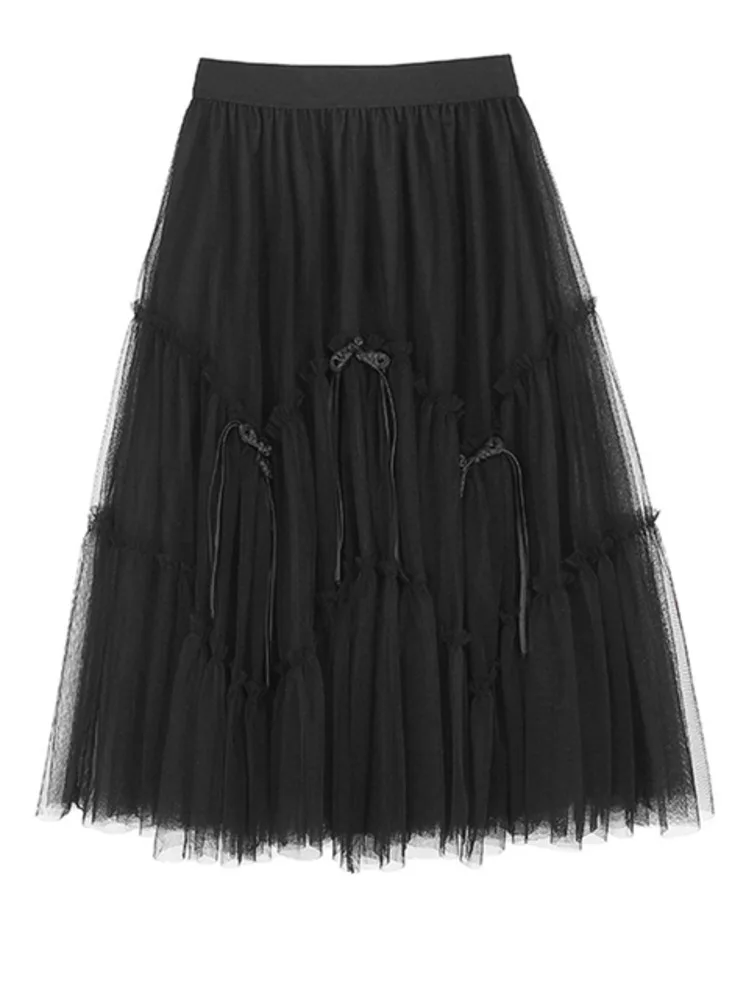 

High Elastic Waist Black Bow Layers Mesh Long Elegant Half-body Skirt Women Fashion Tide New Spring Autumn M981