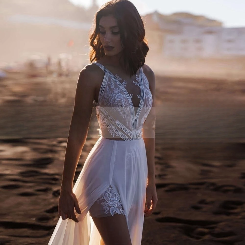 Boho Lace Applique Chiffon Wedding Dress High Slit Sleeveless Beach Bridal Gown Backless A-Line Court Train Civil Robe De Mariée