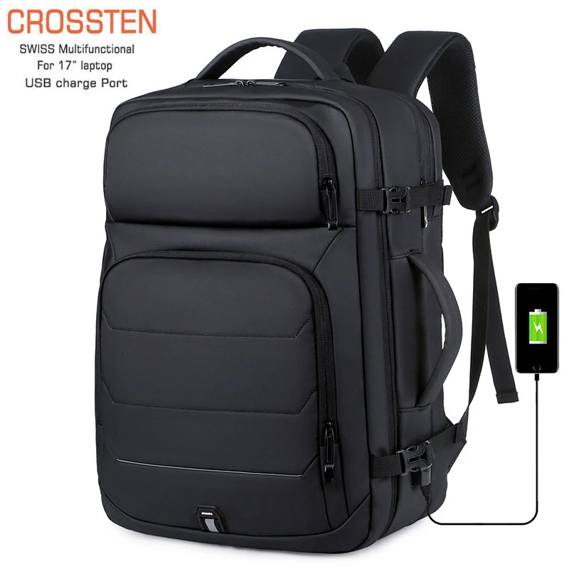 40L Large Capacity Men Expandable USB Charging 17 Inch Laptop Bags Waterproof Business Travel Bags Black 