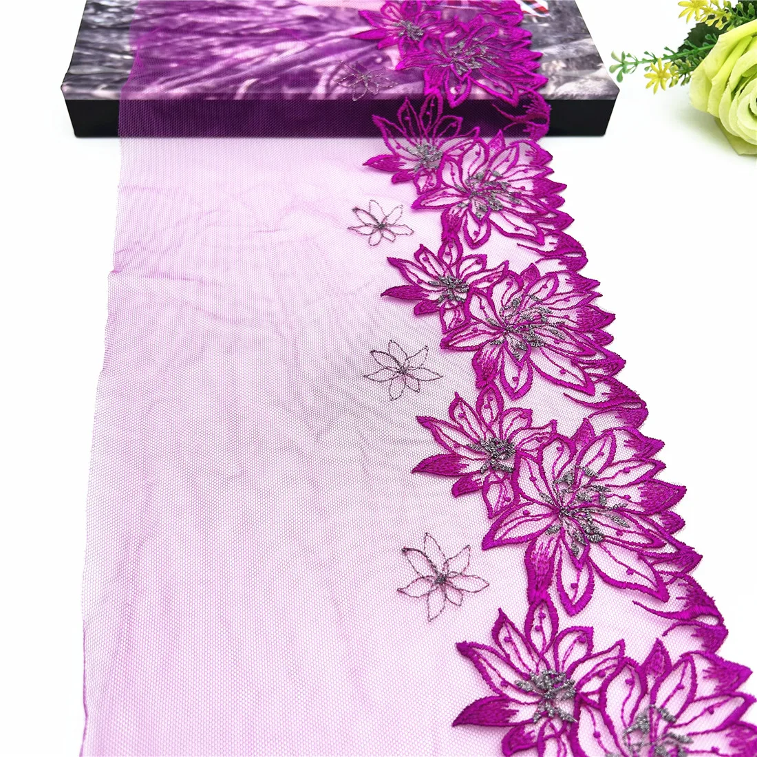 3y/lot Width 19cm Purple Violet Bit Silver Embroidery Lace Trim For Skirt Hem Clothes Sewing Material DIY Apparel Dress Fabric 1