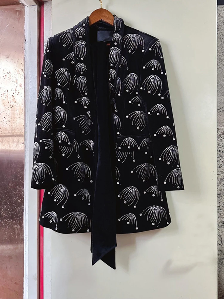 

HIGH STREET Newest Fashion 2024 Designer Jacket Women's Velvet Long Sleeve Diamonds Beading Belted Blazer