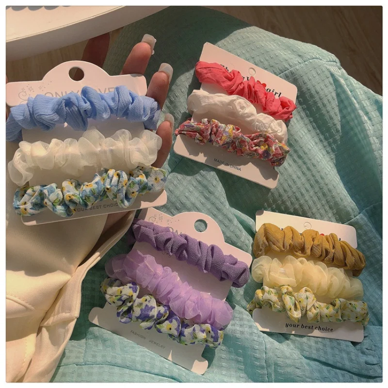 3 PCs Candy-Colored Floral Large Intestine Hair Ring Hair Accessories Fashion Pleated Xiaoqing New Ponytail Sweet Hair Rope Head hair accessories flocking updo bun head women s basic hair rope high class elegant pleated phone line hair ring macaron head rop