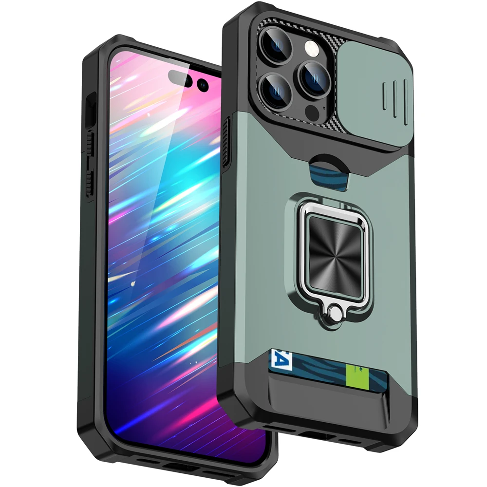 Military-Grade Camera Lens Protection Kickstand Wallet Case with Slide Cover