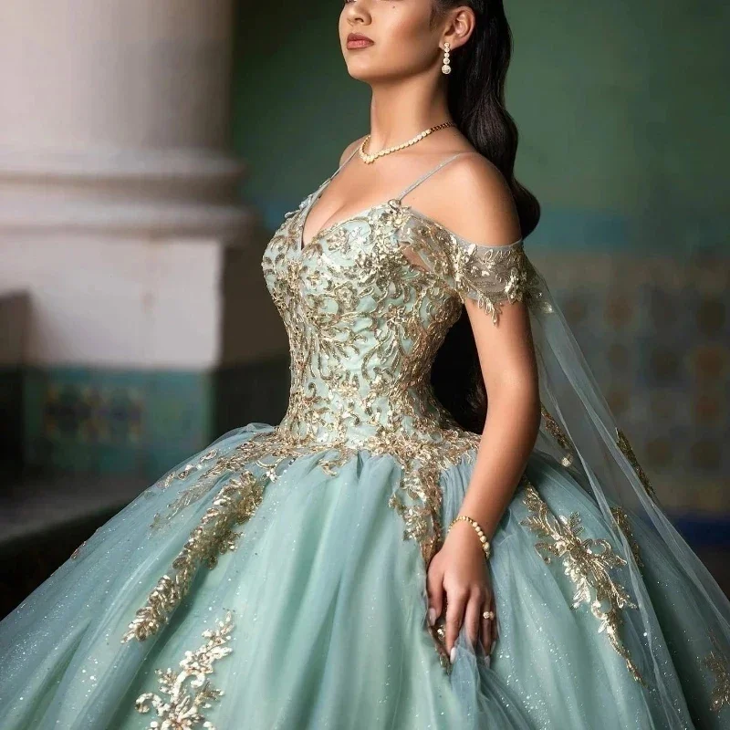 Elegant Green Quinceanera Dresses Gold Lace Applique Beaded Backless Sweet  15 16 | eBay