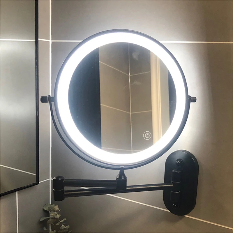8 inch Wall Mounted Matte Black Makeup Mirror Magnifying Double Side Folding Arm USB Charging Bathroom Smart Cosmetic Mirrors 5