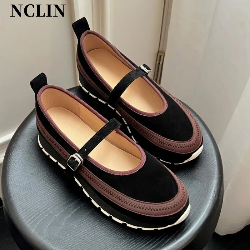 

2024 Spring/Summer New Women MARY JANES Shoes Chunky Heels Round Toe Platform Shoes For Women Cow Suede Pumps Zapatos De Mujer