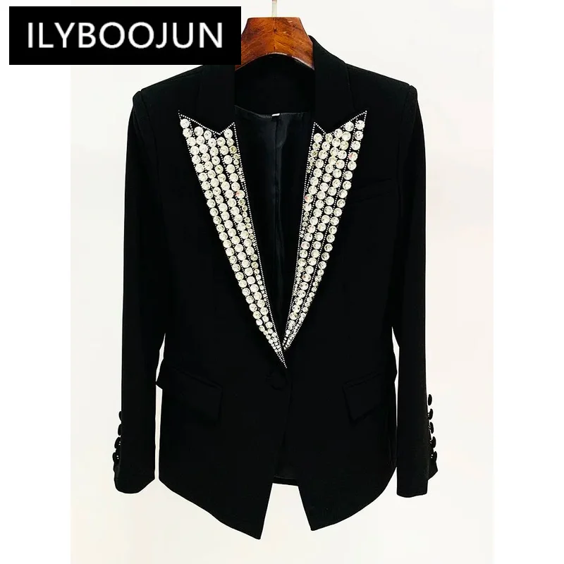ILYBOOJUN 여성용 단추 블레이저, 라인석 다이아몬드, 스트라스 비즈, 최신 패션 디자이너 재킷, 2024