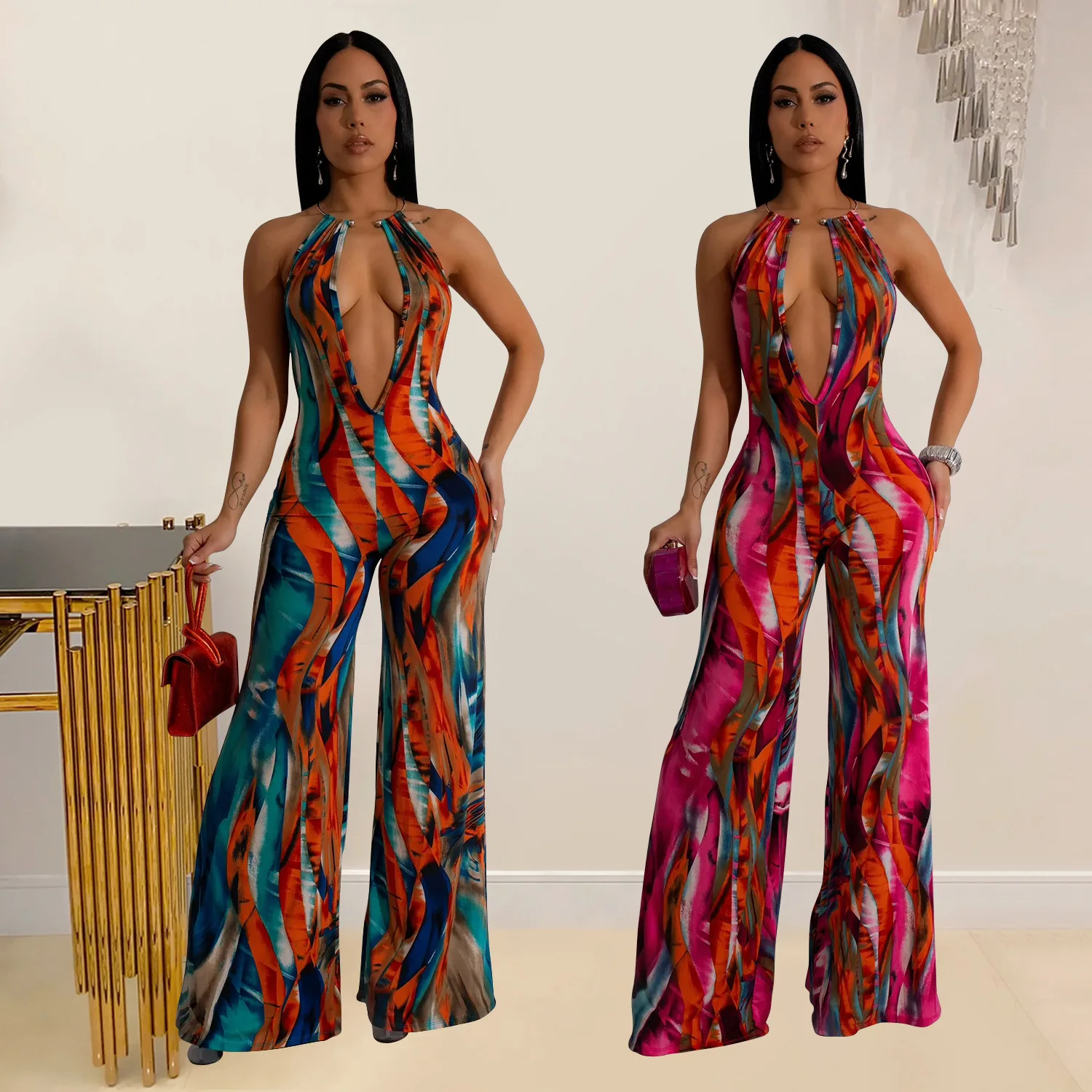 Women's Printed Sleeveless Deep V-Block Color Backless Long Jumpsuit, European and American Fashion