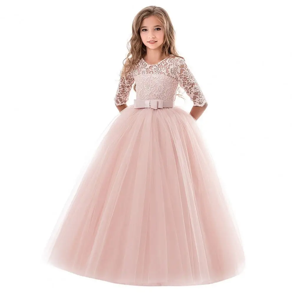 

Girls Princess Dress Floral Lace Half Sleeves Bowknot Children Puffy Tulle Long Dress Wedding Pageant Party