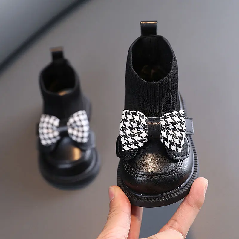 Infant Girl\'s Sock Boots Children Casual Knitted Short Boot  Winter Chunky Bow Elegant Cute Toddler Girl Patent Leather Shoes