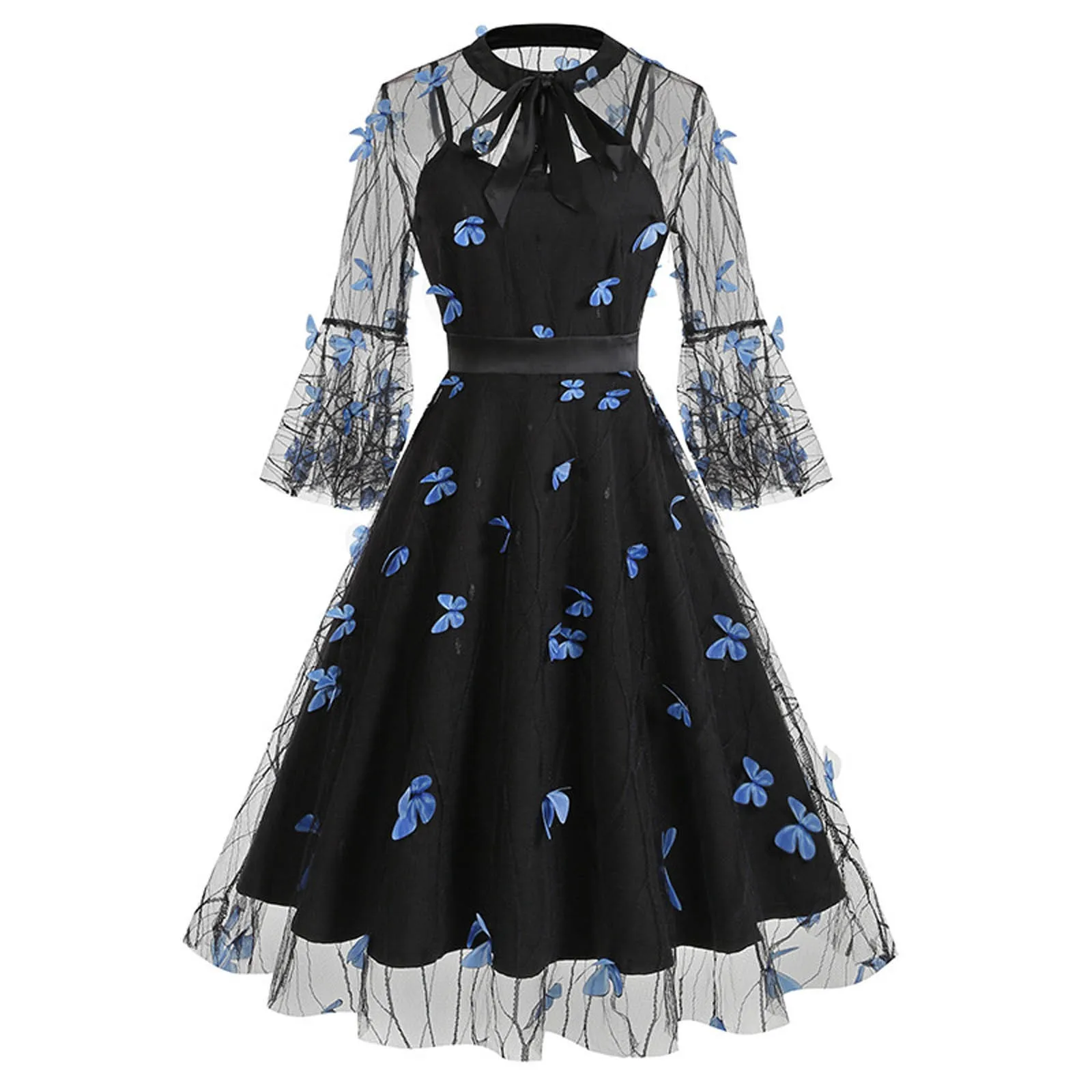 

Women's Cocktail Dress Transparent See Though Mesh Long Sleeve Butterfly Embroidery A-Line Ruched Black Dress Formal Party Dress