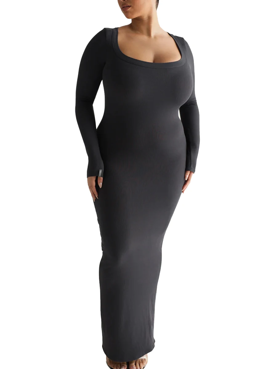 

Women Long Bodycon Dress Solid Color U-Neck Long Sleeve Dress Spring Fall Elegant Party Dress