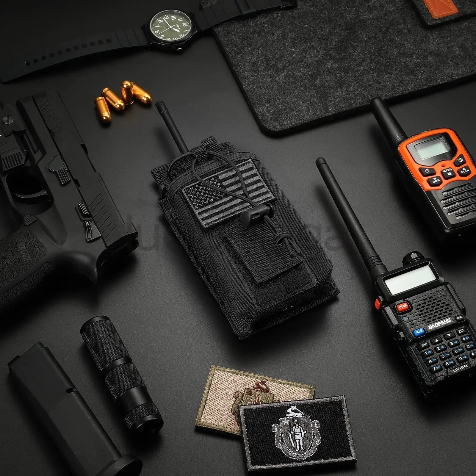 1000D Nylon Tactical Walkie Talkie Pouch Bag with Flag Portable Interphone Holster Molle Radio Carry Bag Camping Waist Pack