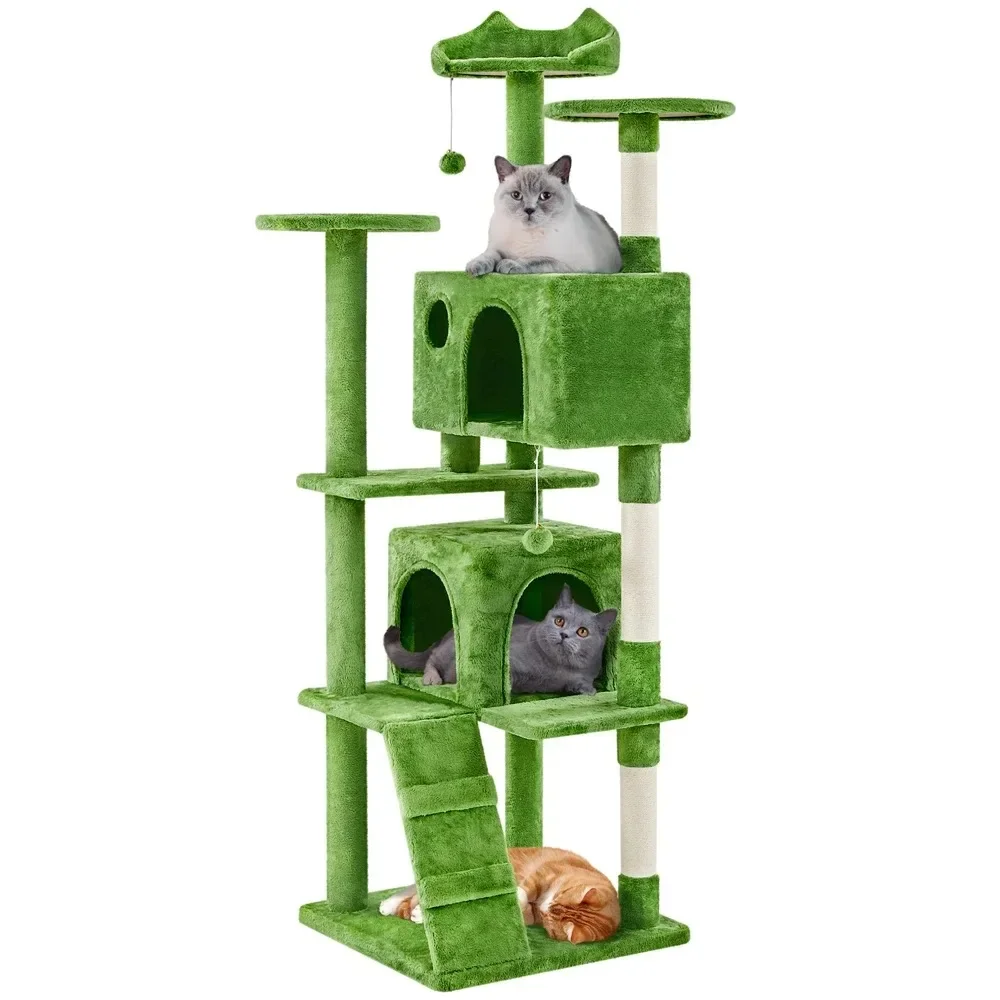 

70'' Height Multilevel Cat Tree with 2 Condos for Kittens/Small Cats, Green Pet Cat Supplies